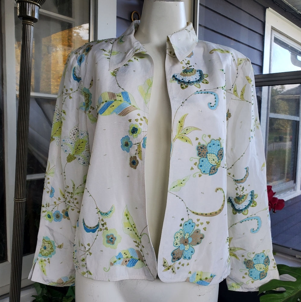 Vintage Floral Sequined Beaded Lined Blazer Jacket Fits Small